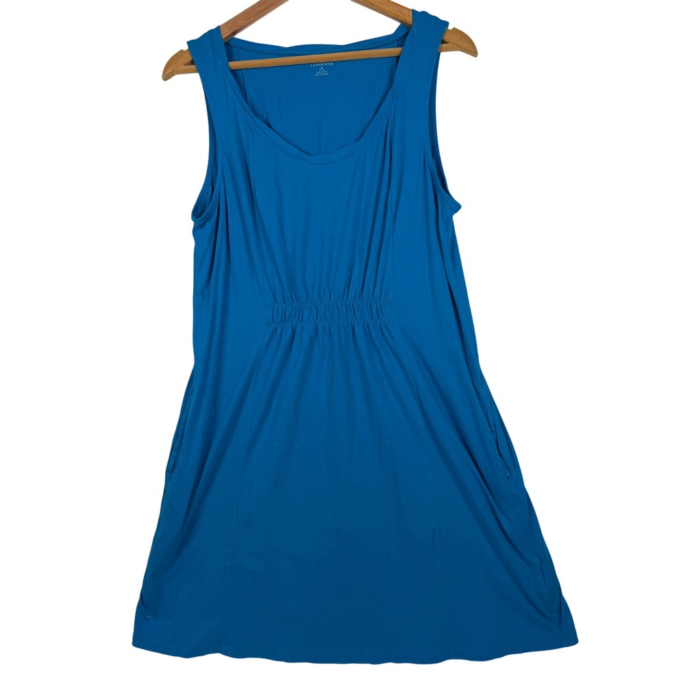 Lands End 2 Knit Dresses‎ Women M Blue Cotton Sleeveless Smocked Waist Pockets